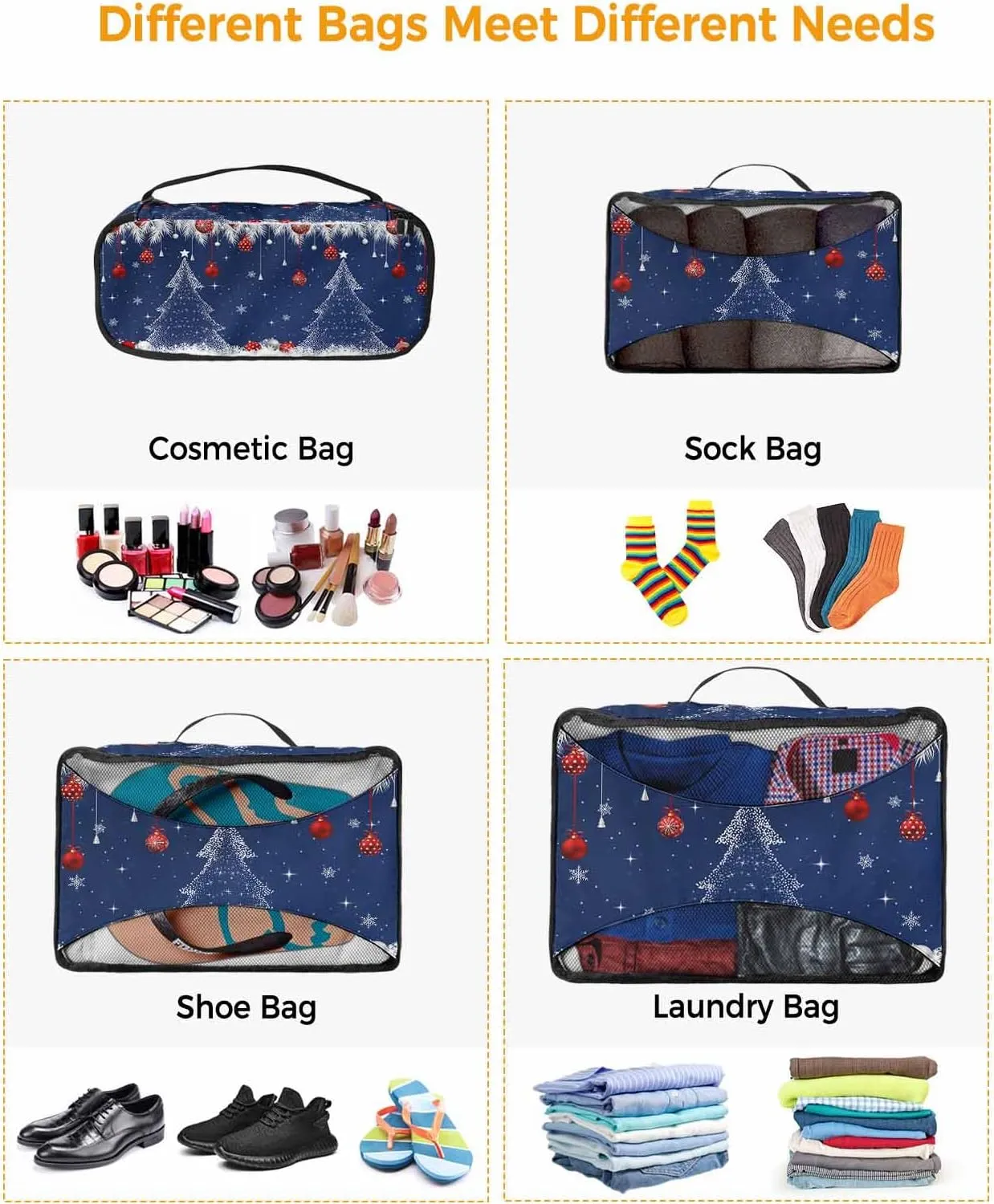 Xmas Red Christmas Ball White Pine Tree 4 Set Packing Cubes, Winter Cedar Leaf Snow Navy Packing Cubes for Carry on Suitcase Travel Essential Bag for Clothes Shoes Cosmetics Toiletry