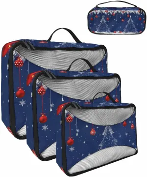Xmas Red Christmas Ball White Pine Tree 4 Set Packing Cubes, Winter Cedar Leaf Snow Navy Packing Cubes for Carry on Suitcase Travel Essential Bag for Clothes Shoes Cosmetics Toiletry