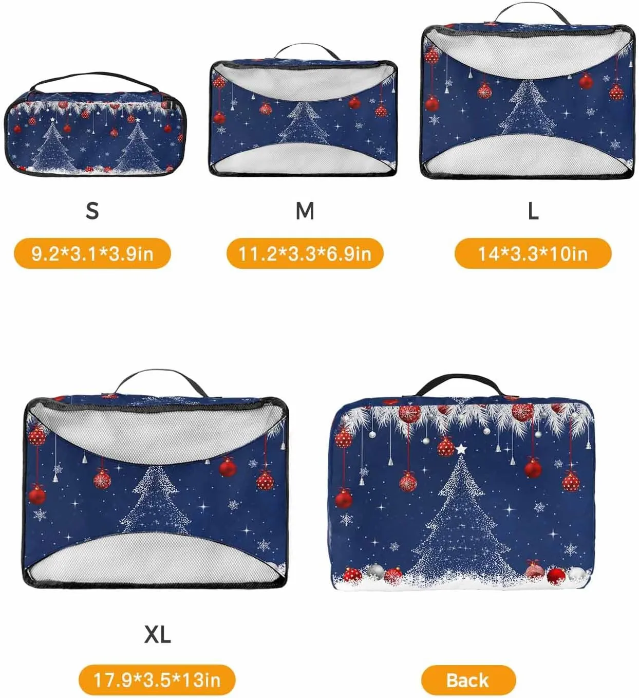 Xmas Red Christmas Ball White Pine Tree 4 Set Packing Cubes, Winter Cedar Leaf Snow Navy Packing Cubes for Carry on Suitcase Travel Essential Bag for Clothes Shoes Cosmetics Toiletry