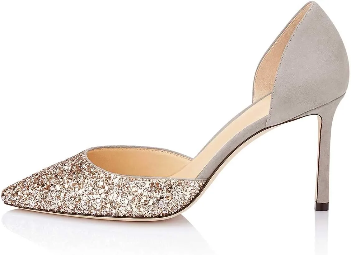 XYD Women Bridal Thin High Heel D' Orsay Pumps Pointed Closed Toe Slip on Stilettos Suede Glitter Shoes