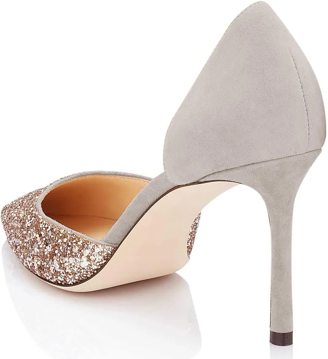 XYD Women Bridal Thin High Heel D' Orsay Pumps Pointed Closed Toe Slip on Stilettos Suede Glitter Shoes