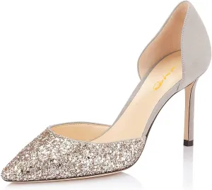 XYD Women Bridal Thin High Heel D' Orsay Pumps Pointed Closed Toe Slip on Stilettos Suede Glitter Shoes