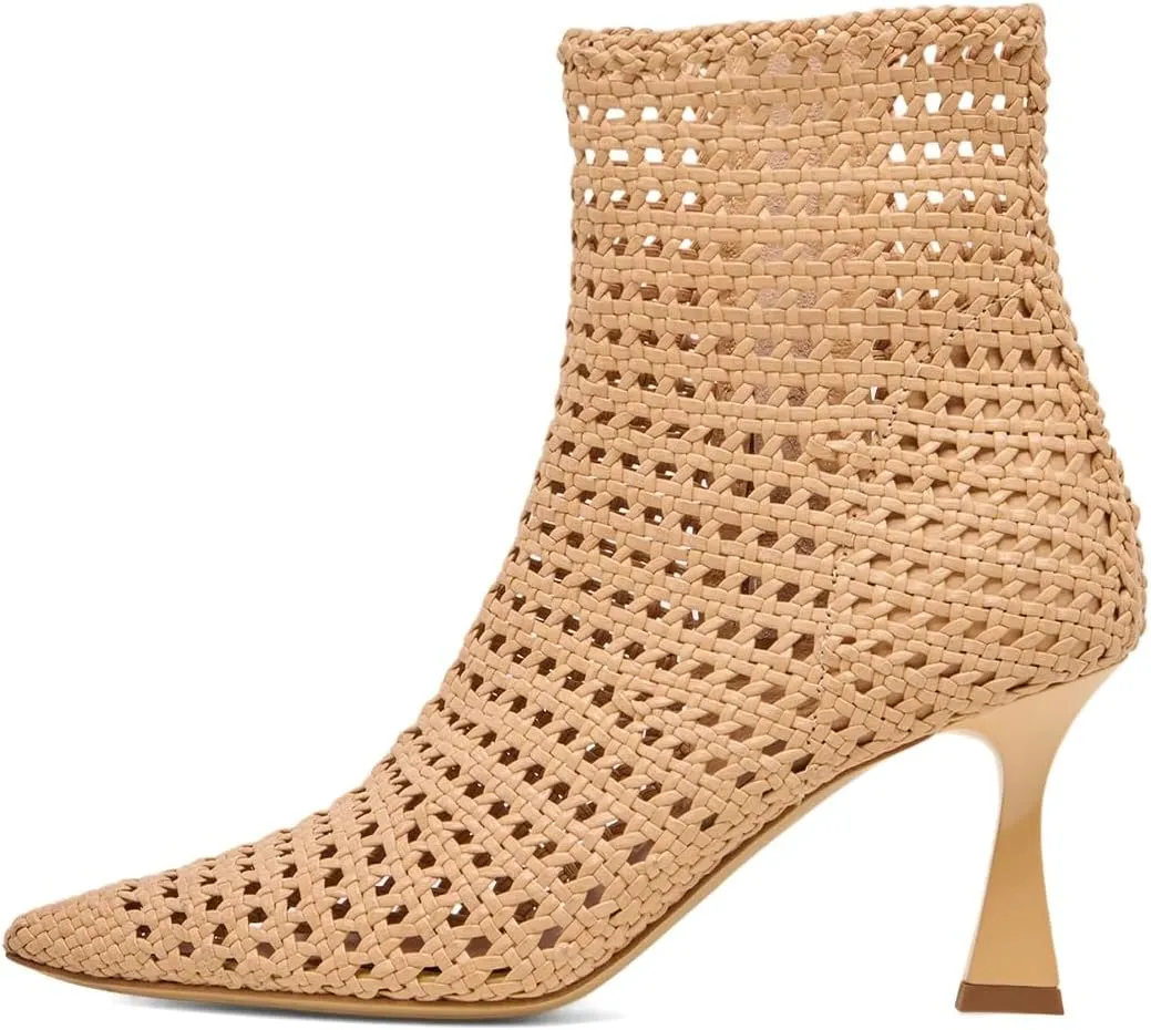 XYD Women Chic Braided Woven Ankle Boots with Zip Pointed Toe Mid Heels Cutout Event Club Shoes