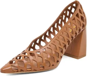 XYD Women Chunky Heels Pointed Toe Woven Pumps Slip-on Cutout Chic Office Formal Spring Summer Shoes