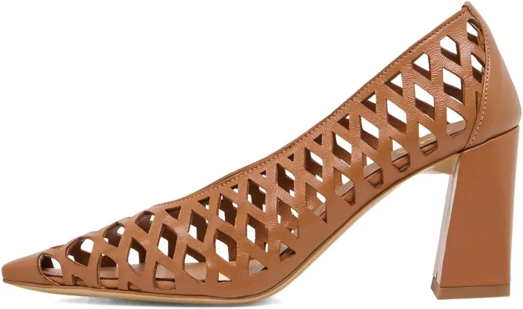 XYD Women Chunky Heels Pointed Toe Woven Pumps Slip-on Cutout Chic Office Formal Spring Summer Shoes