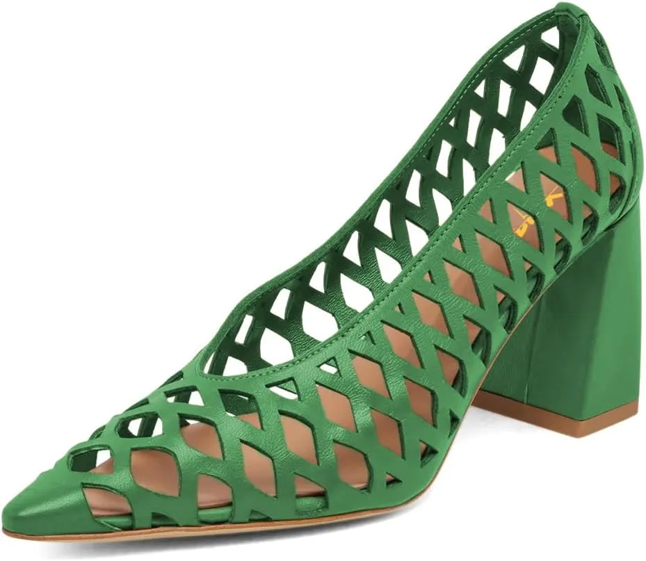 XYD Women Chunky Heels Pointed Toe Woven Pumps Slip-on Cutout Chic Office Formal Spring Summer Shoes