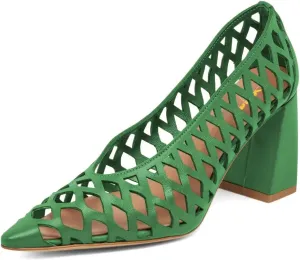 XYD Women Chunky Heels Pointed Toe Woven Pumps Slip-on Cutout Chic Office Formal Spring Summer Shoes