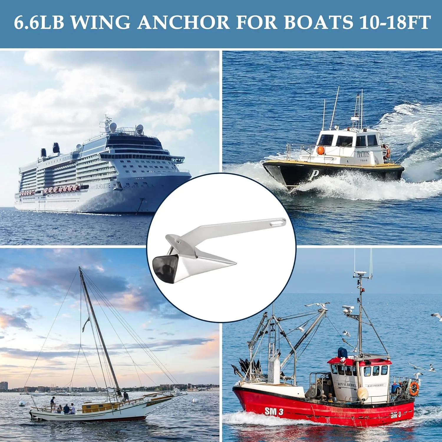 YANYUCB Delta Anchor,316 Stainless Steel Boat Anchor(6.6lb /11lb / 13lb / 16lb /17lb / 22lb / 33lb)