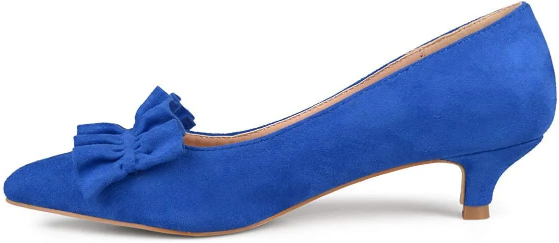 YDN Women Gorgeous Ruffled Kitten Heel Pumps Slip On Suede Pointed Toe Basic Office Court Shoes