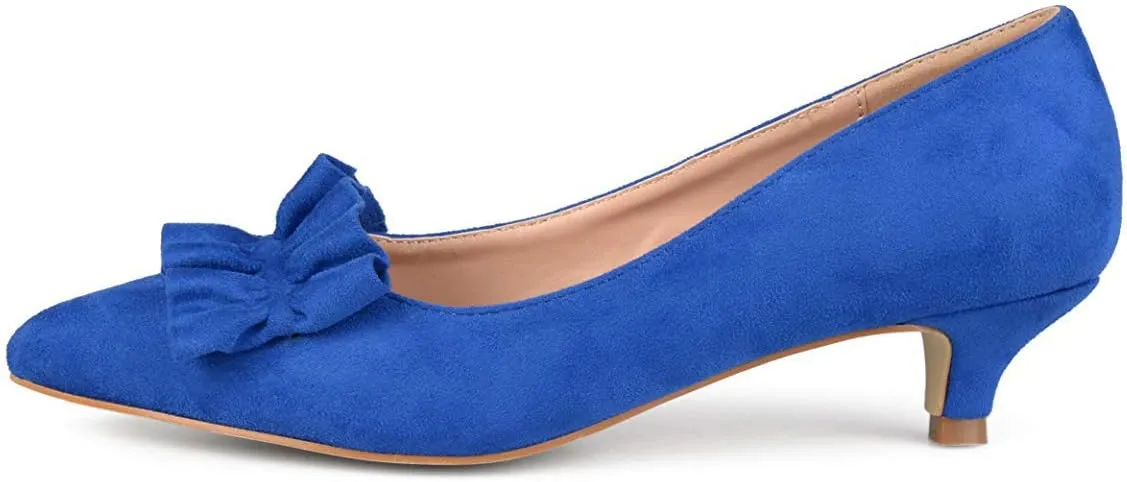 YDN Women Gorgeous Ruffled Kitten Heel Pumps Slip On Suede Pointed Toe Basic Office Court Shoes