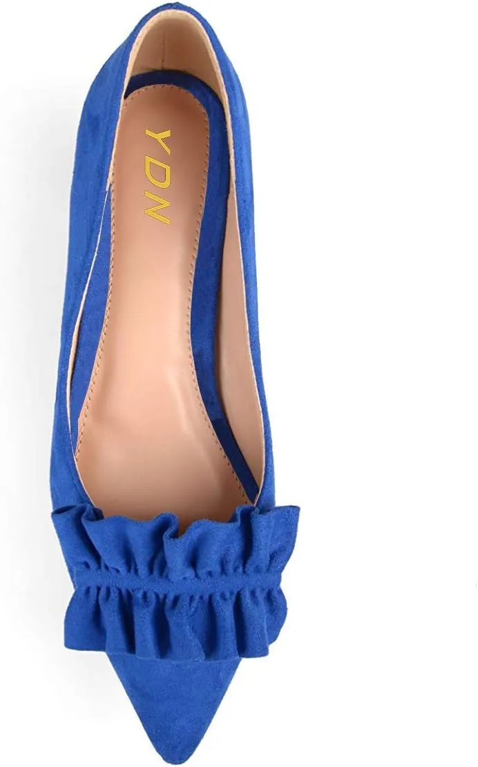 YDN Women Gorgeous Ruffled Kitten Heel Pumps Slip On Suede Pointed Toe Basic Office Court Shoes