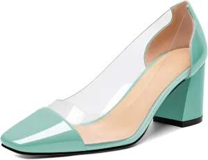 YODEKS Women Clear Heel Pumps Low Block Chunky Heel Pumps 2.5 Inch Square Cap Toe Slip On Shoes for Party Prom Dress