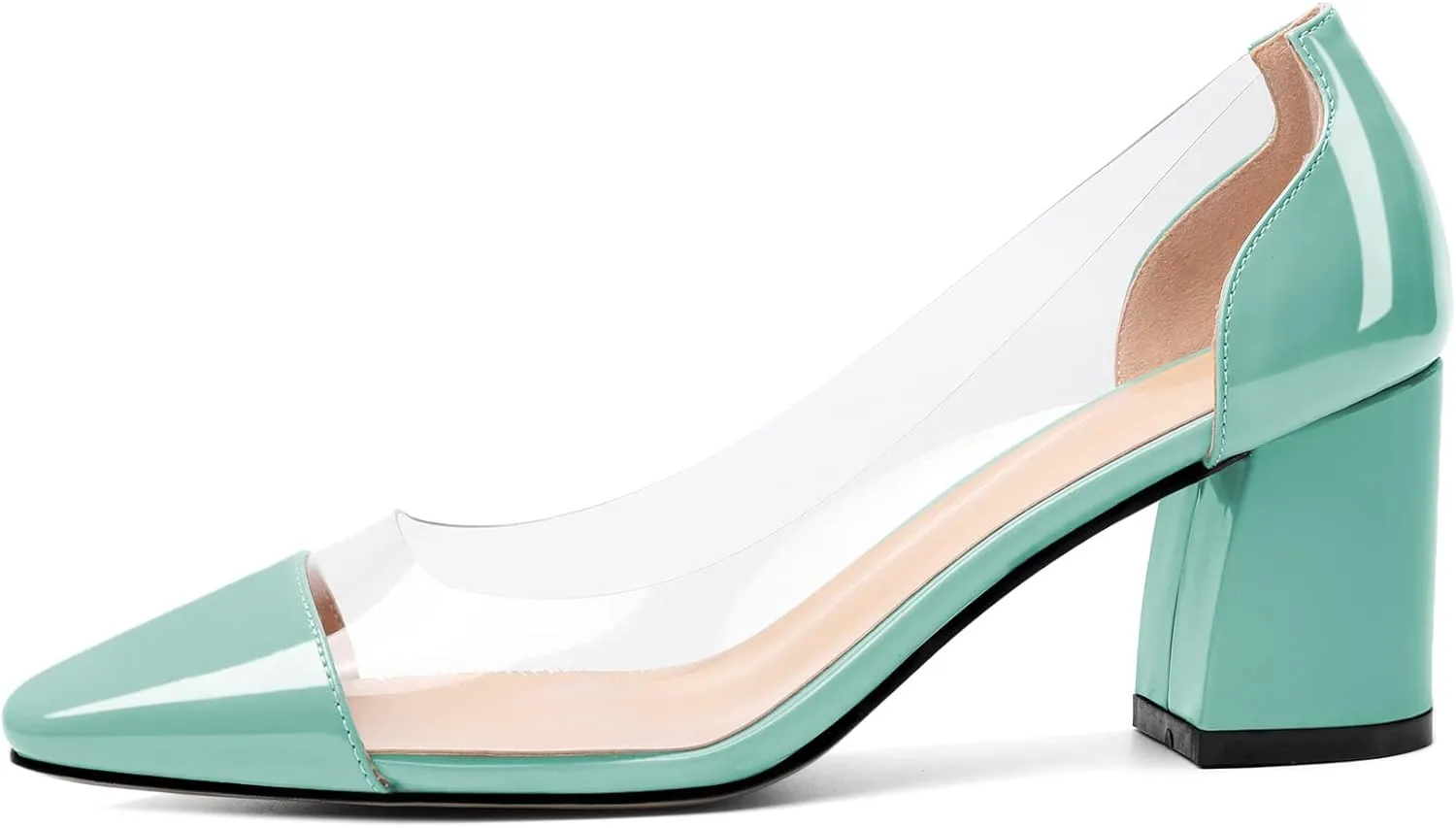 YODEKS Women Clear Heel Pumps Low Block Chunky Heel Pumps 2.5 Inch Square Cap Toe Slip On Shoes for Party Prom Dress