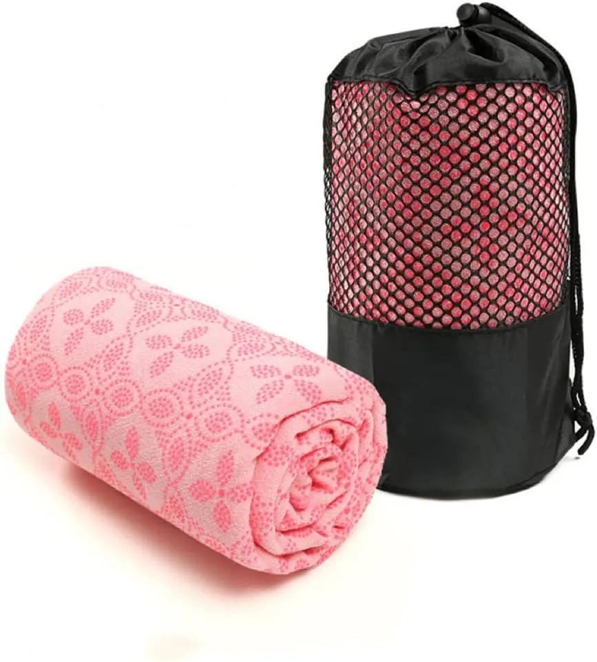 Yoga Towel, Hot Yoga Mat Towel - Sweat Absorbing Non-Slip for Hot Yoga, Pilates and Workout, 24x72 inches with Upgraded Clover-Shaped Grip Dots (Pink 2)