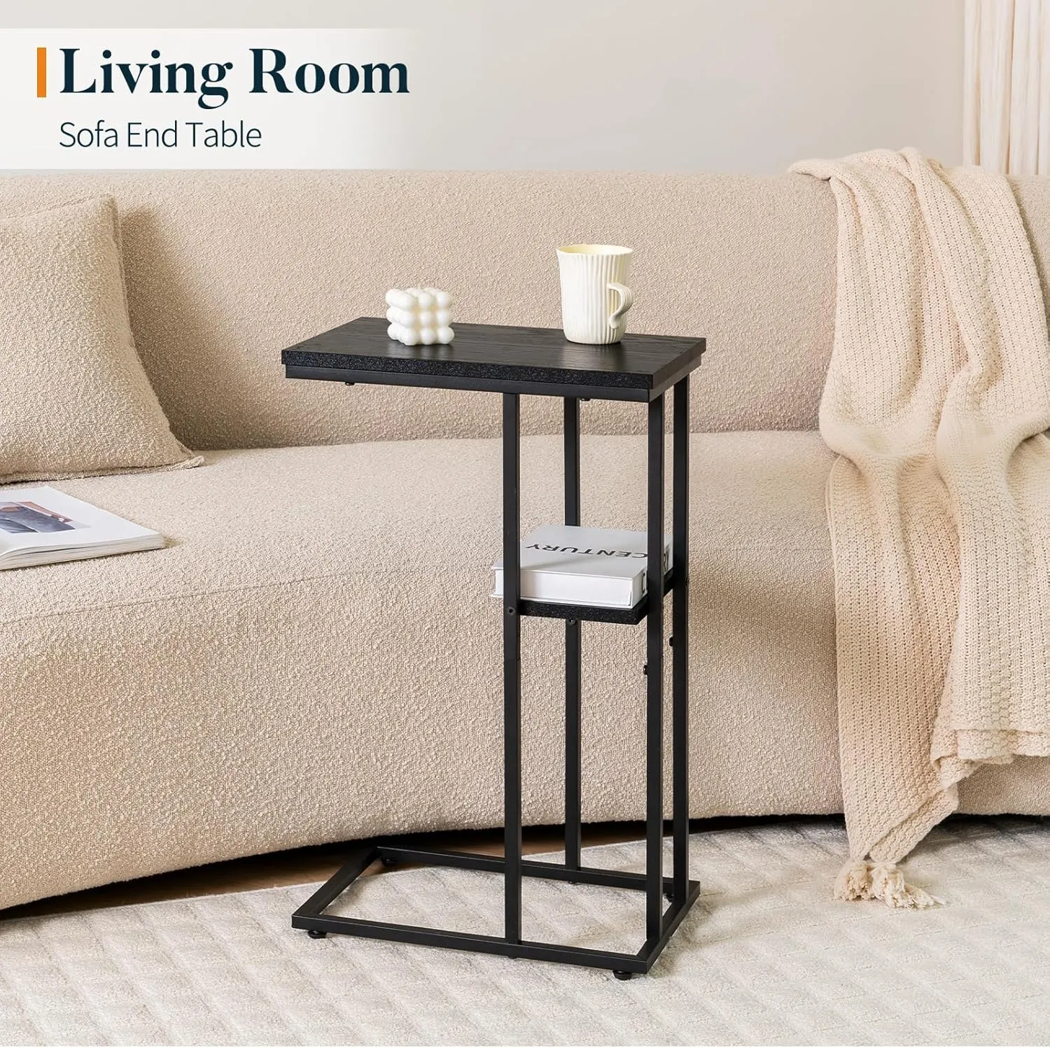 Yoobure C Shaped End Table Set of 2, Side Table Living Room, Couch Tables That Slide Under Couch Tables with Metal Frame, Rustic Snack Table for Bedroom/Small Spaces Large Desktop