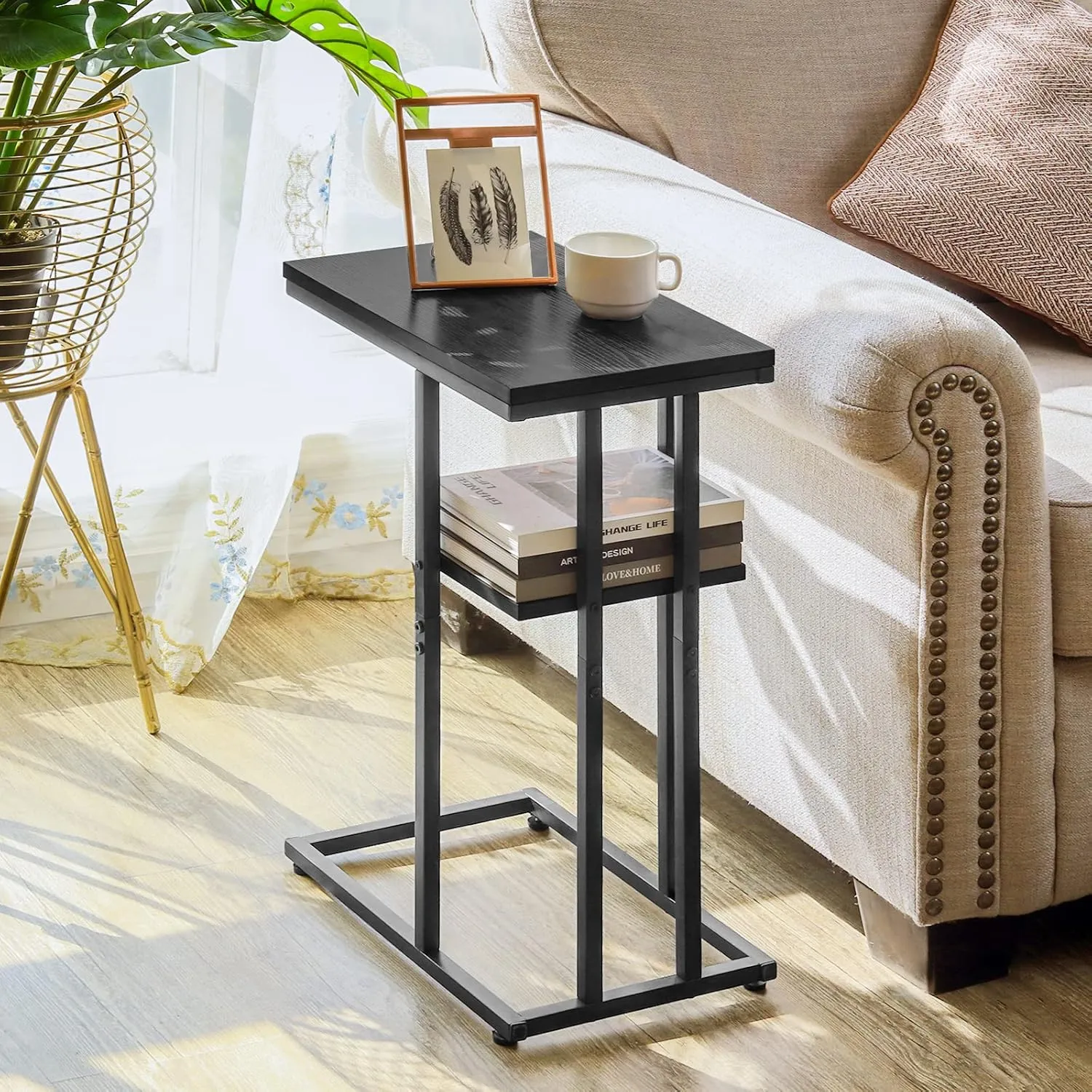 Yoobure C Shaped End Table Set of 2, Side Table Living Room, Couch Tables That Slide Under Couch Tables with Metal Frame, Rustic Snack Table for Bedroom/Small Spaces Large Desktop