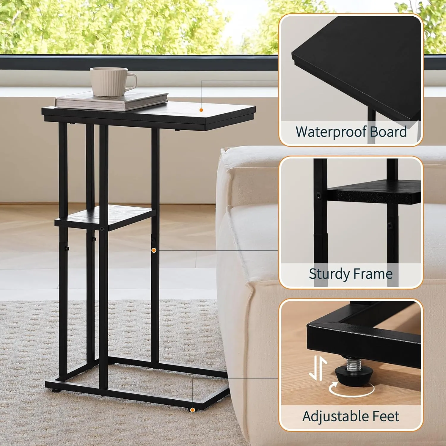Yoobure C Shaped End Table Set of 2, Side Table Living Room, Couch Tables That Slide Under Couch Tables with Metal Frame, Rustic Snack Table for Bedroom/Small Spaces Large Desktop
