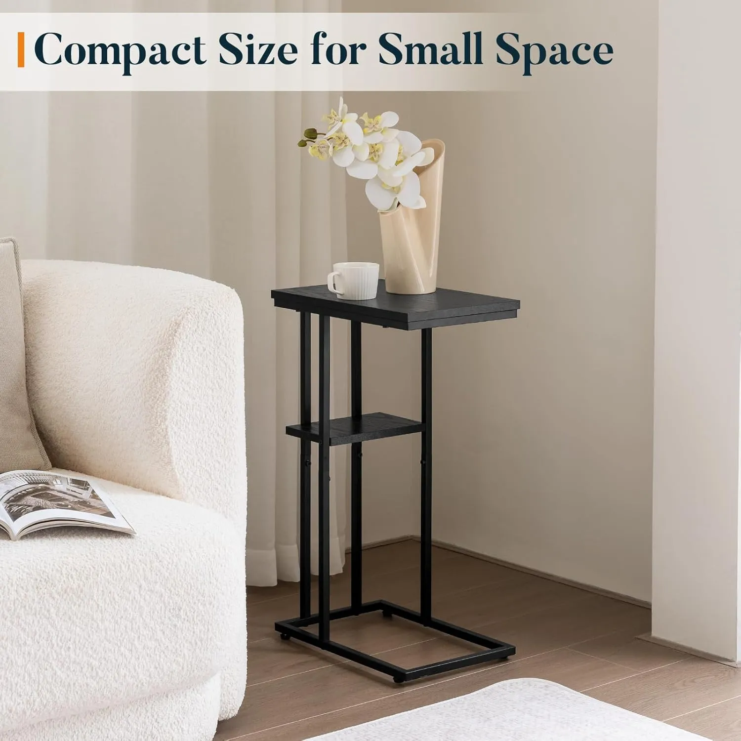 Yoobure C Shaped End Table Set of 2, Side Table Living Room, Couch Tables That Slide Under Couch Tables with Metal Frame, Rustic Snack Table for Bedroom/Small Spaces Large Desktop