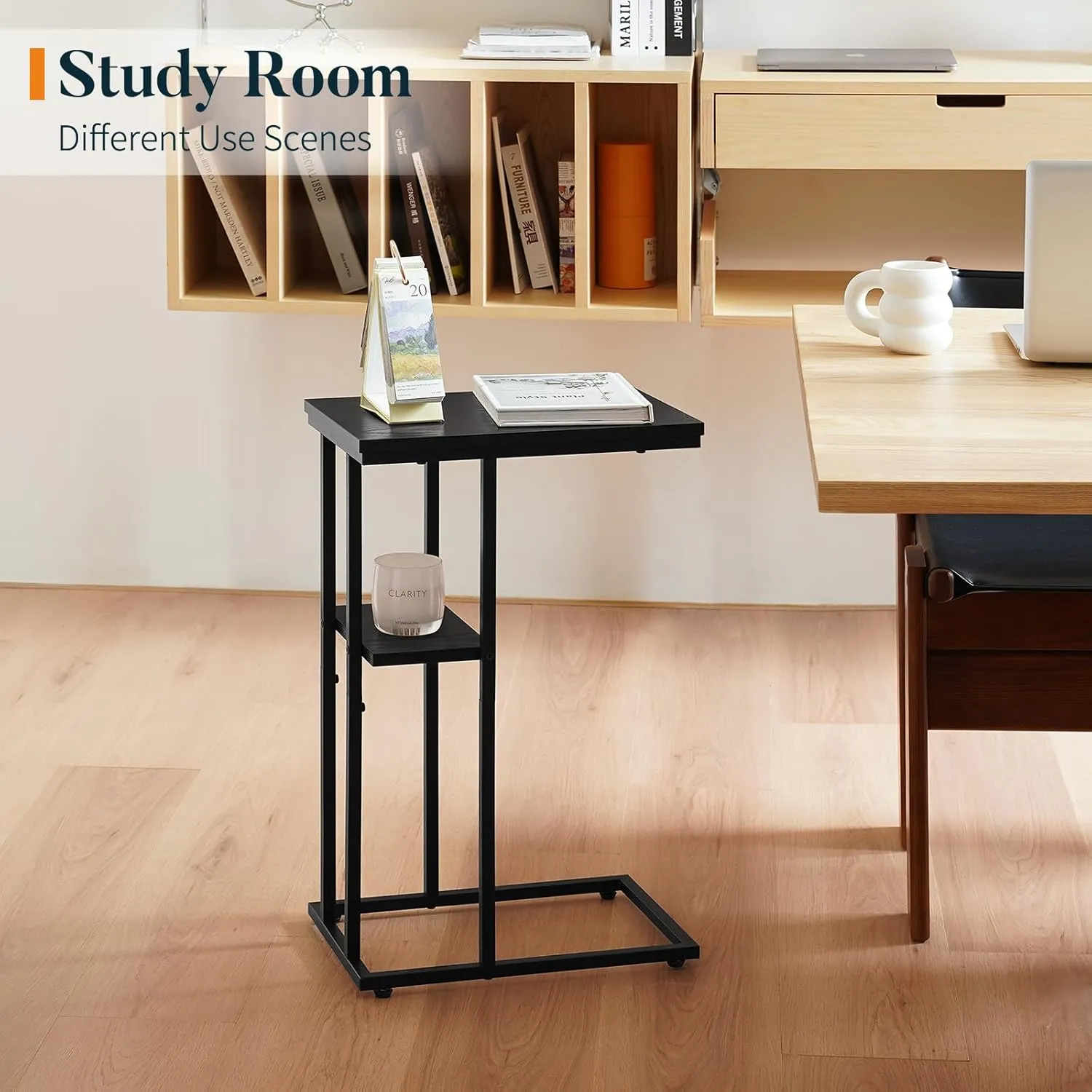 Yoobure C Shaped End Table Set of 2, Side Table Living Room, Couch Tables That Slide Under Couch Tables with Metal Frame, Rustic Snack Table for Bedroom/Small Spaces Large Desktop