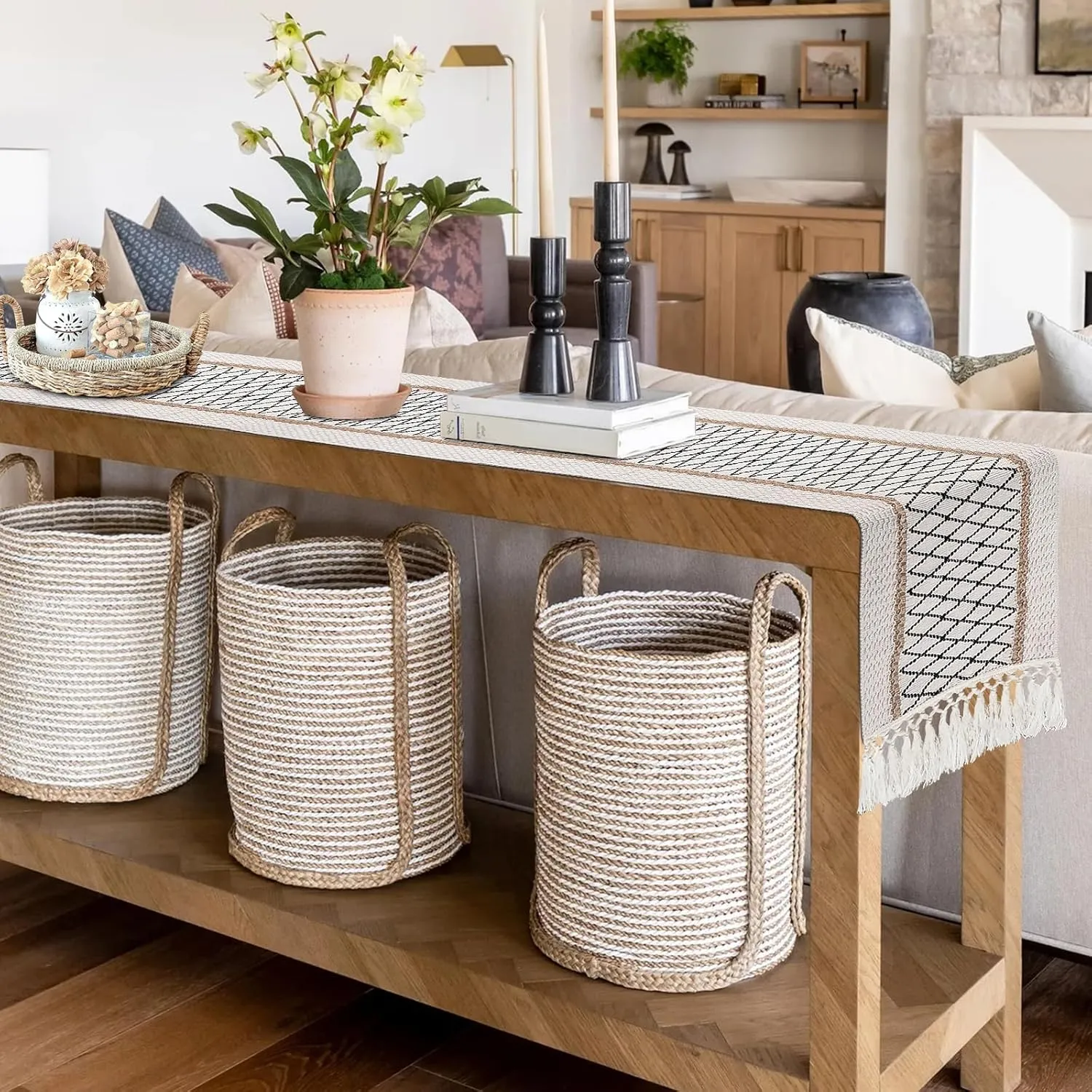 yuboo Table Runner Boho Dresser Runners for Bedroom, Summer Farmhouse Table Runners 72 Inches, Easter Table Runner with Tassels for Dining Kitchen Office Boho Table Decor