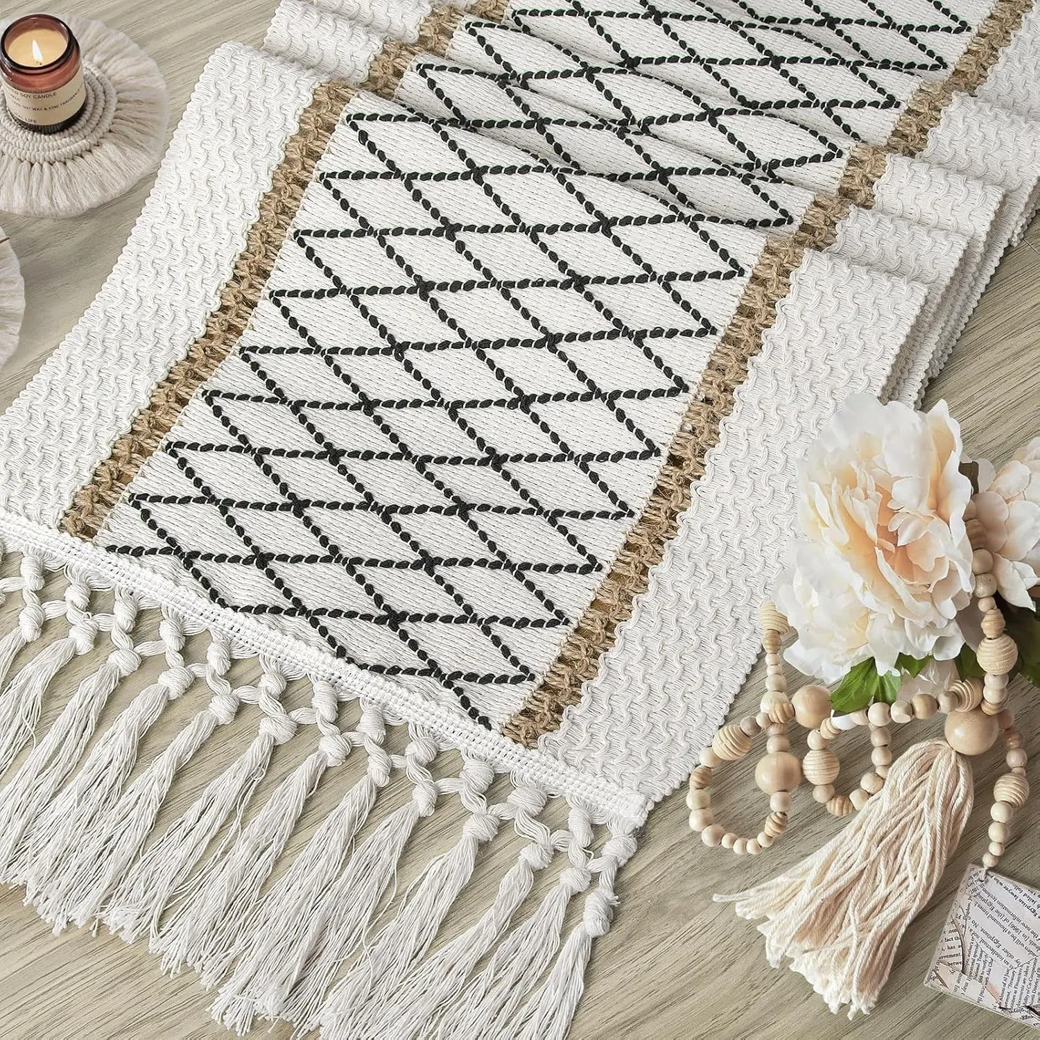 yuboo Table Runner Boho Dresser Runners for Bedroom, Summer Farmhouse Table Runners 72 Inches, Easter Table Runner with Tassels for Dining Kitchen Office Boho Table Decor
