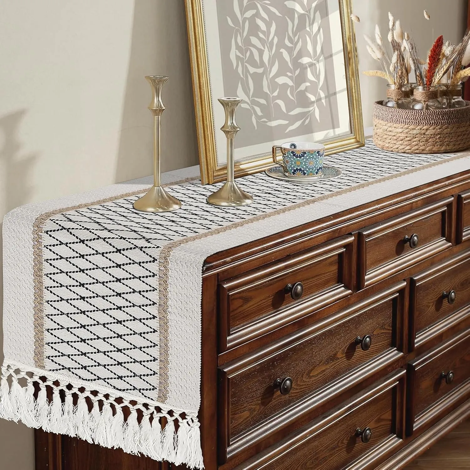 yuboo Table Runner Boho Dresser Runners for Bedroom, Summer Farmhouse Table Runners 72 Inches, Easter Table Runner with Tassels for Dining Kitchen Office Boho Table Decor
