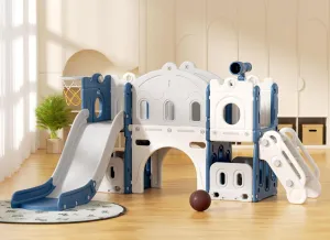 YUFU 8 in 1 Toddler Slide Playset, Kids Slide for Toddlers Age 1-3, Toddler Climber Slide with Basketball Hoop and Ball, Outdoor Indoor Toddler Playground (Blue Gray)