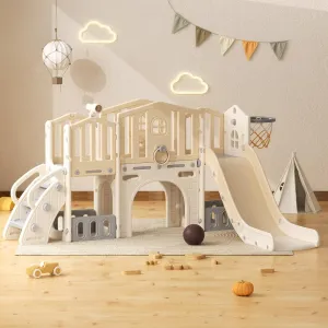 YUFU 9 in 1 Toddler Slide Set, Kids Slide for Toddlers Age 1-3, Toddler Climber Slide Playset with Basketball Hoop and Ball, Indoor Outdoor Kids Playground, Beige