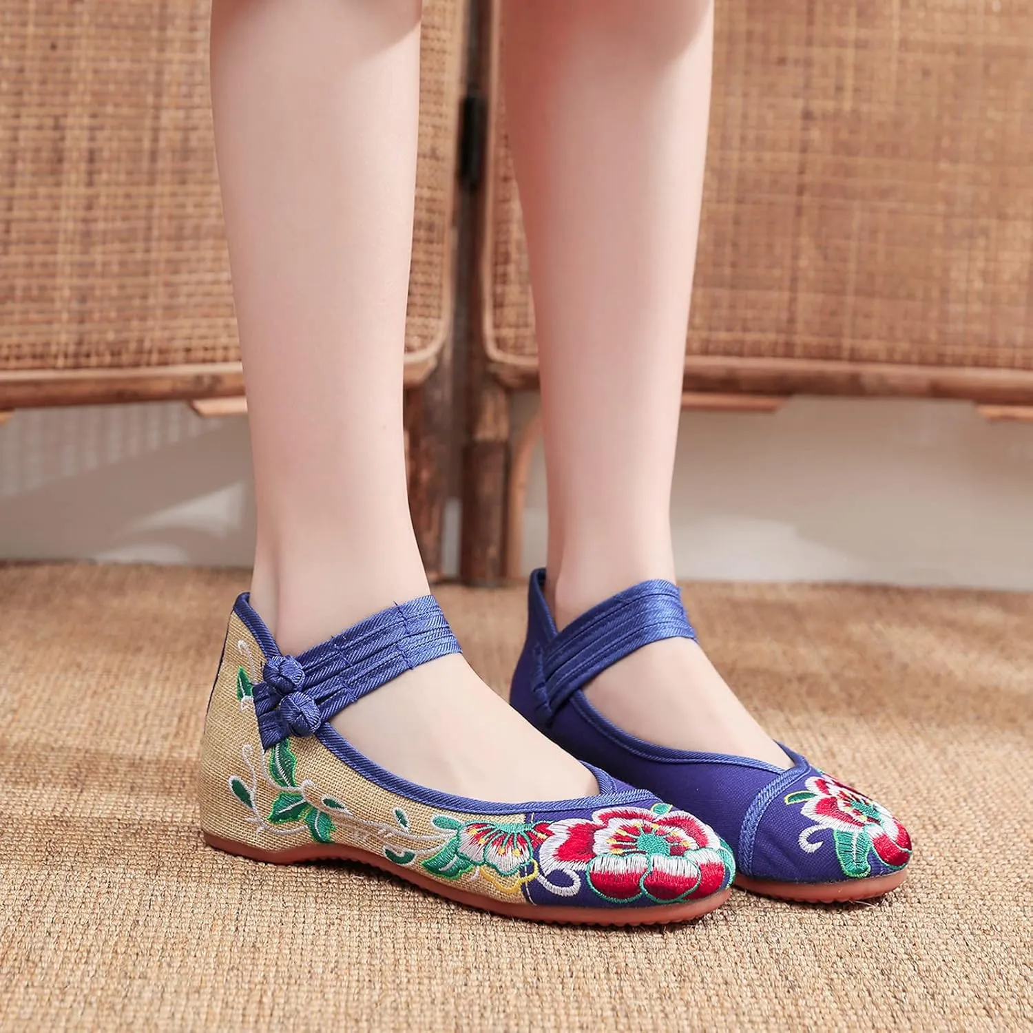YunPeng Women Mary Jane Flat Shoes Casual Chinese Traditional Embroidered Ballet Canvas Shoes