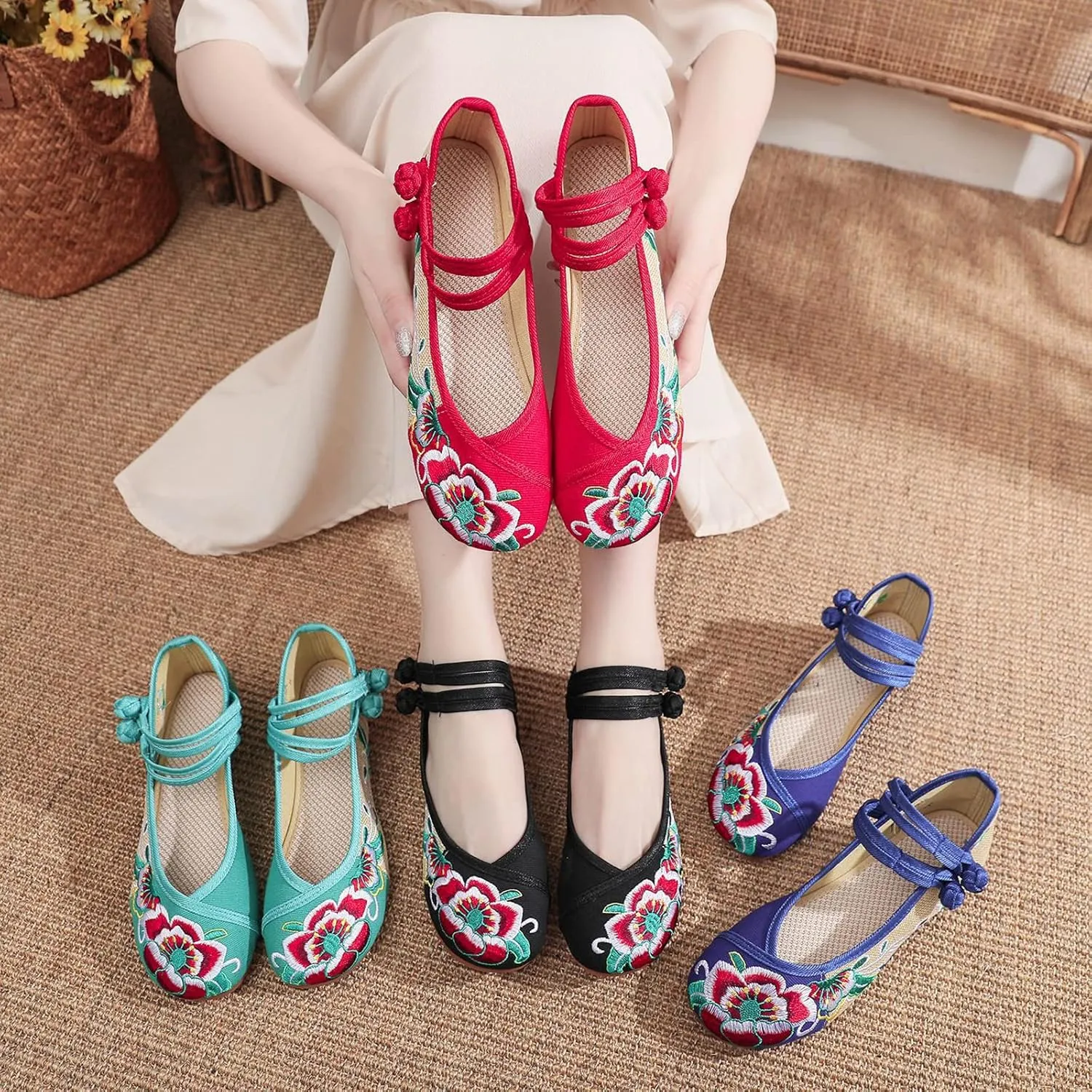 YunPeng Women Mary Jane Flat Shoes Casual Chinese Traditional Embroidered Ballet Canvas Shoes
