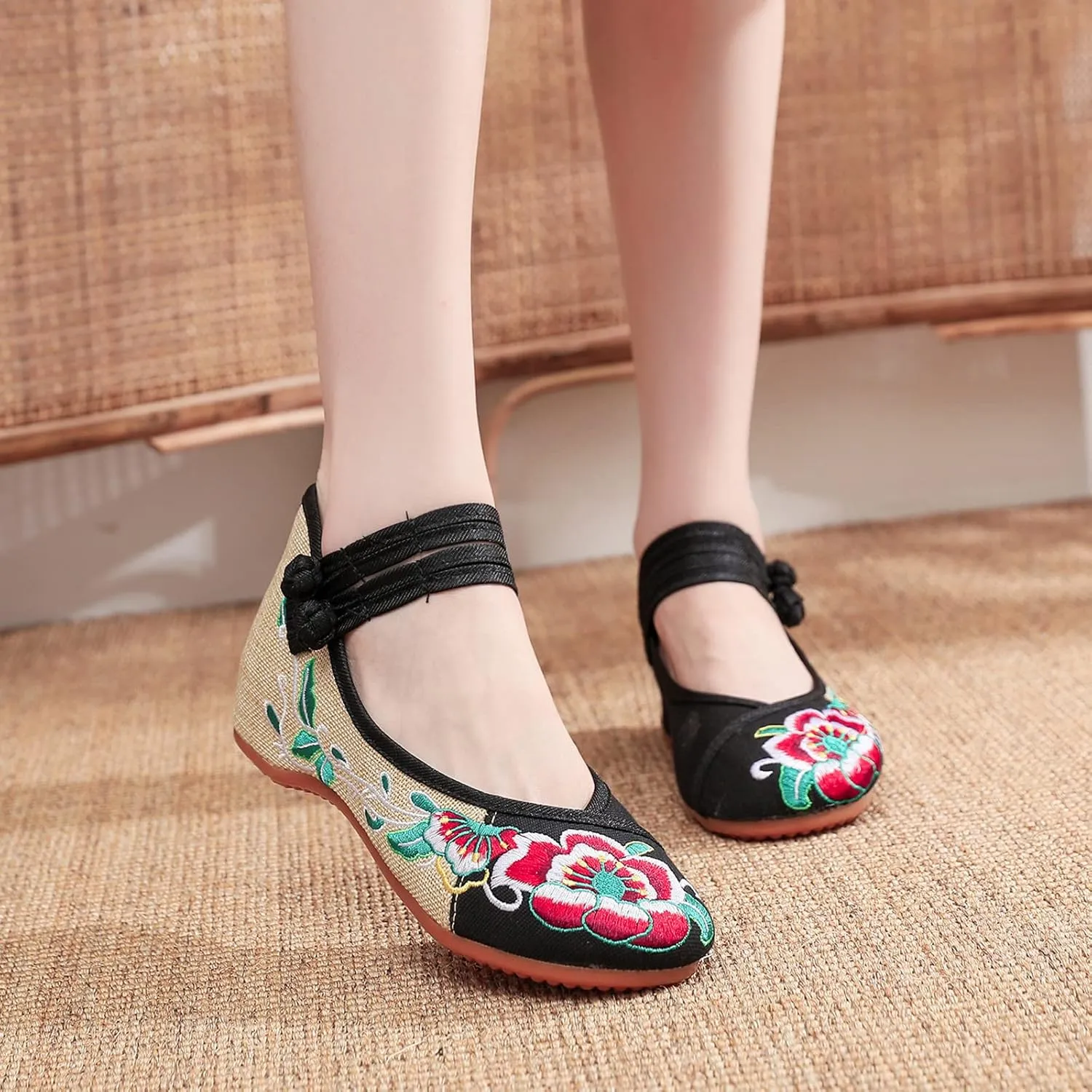 YunPeng Women Mary Jane Flat Shoes Casual Chinese Traditional Embroidered Ballet Canvas Shoes
