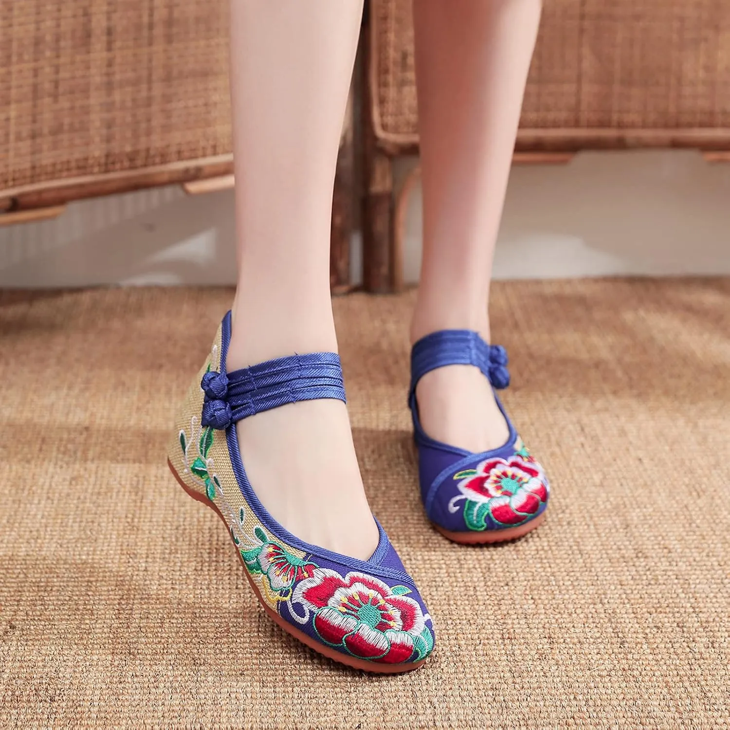 YunPeng Women Mary Jane Flat Shoes Casual Chinese Traditional Embroidered Ballet Canvas Shoes