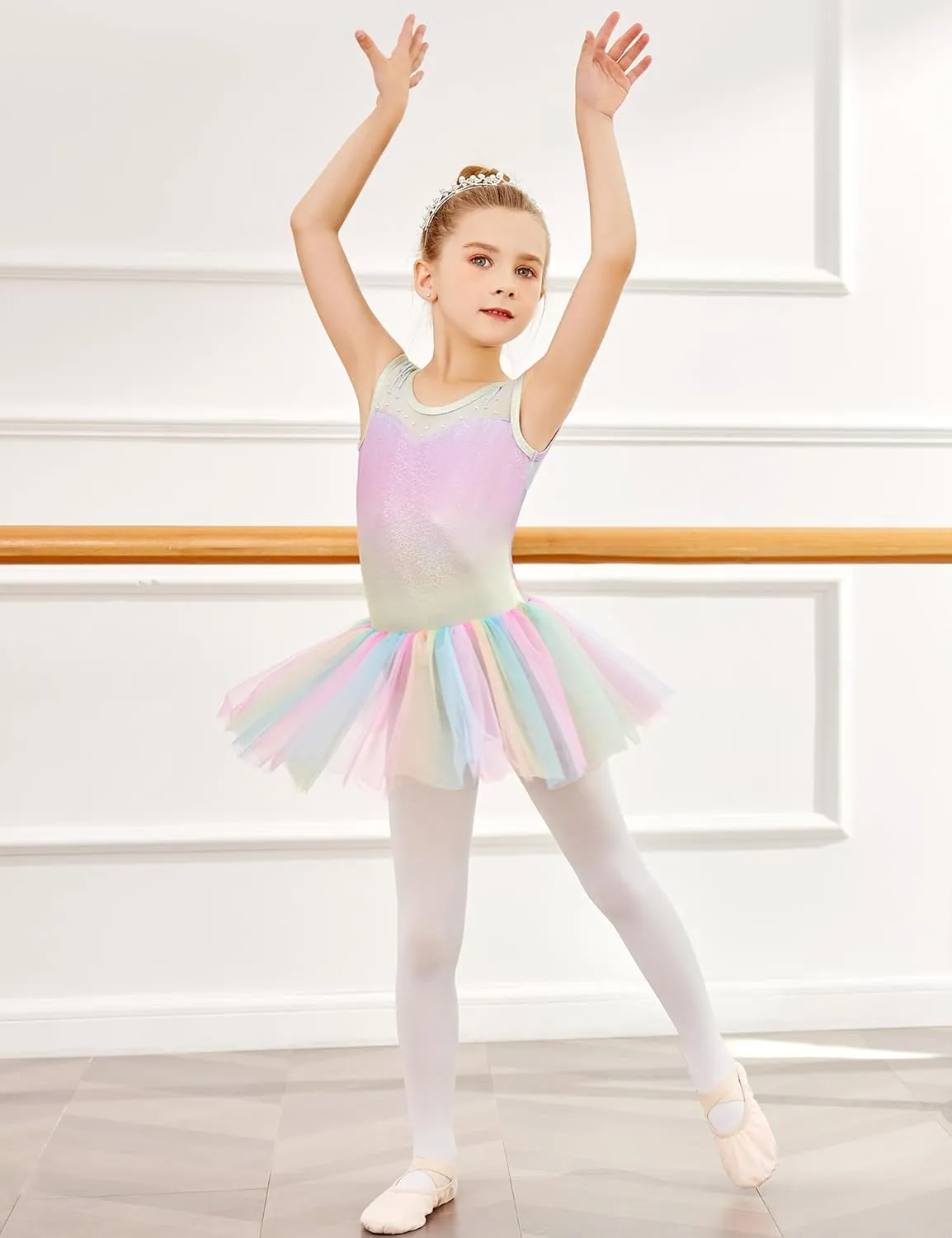 Zaclotre Girls Ballet Leotards Sparkly Sleevesless Mesh Dance Dress Tutu Ballerina Costume for Kids