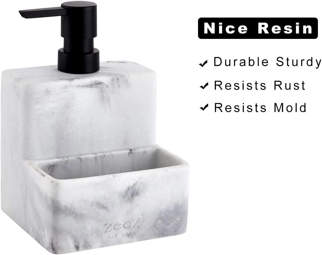 zccz Soap Dispenser with Sponge Holder, Marble Look Liquid Hand and Dish Soap Dispenser Pump Bottle and Sponge Holder 2 in 1 for Kitchen Sink Bathroom Counter Storage and Organization