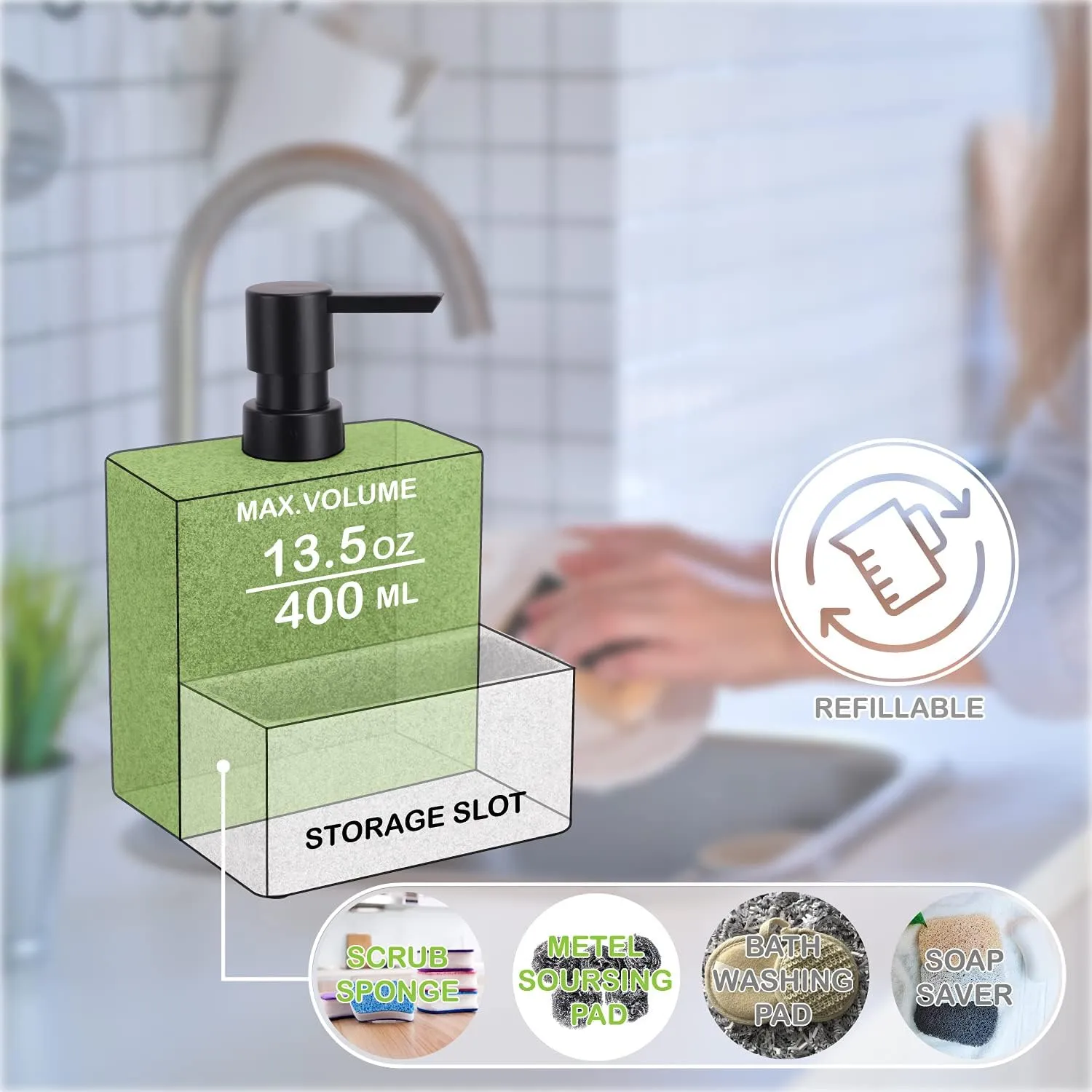 zccz Soap Dispenser with Sponge Holder, Marble Look Liquid Hand and Dish Soap Dispenser Pump Bottle and Sponge Holder 2 in 1 for Kitchen Sink Bathroom Counter Storage and Organization