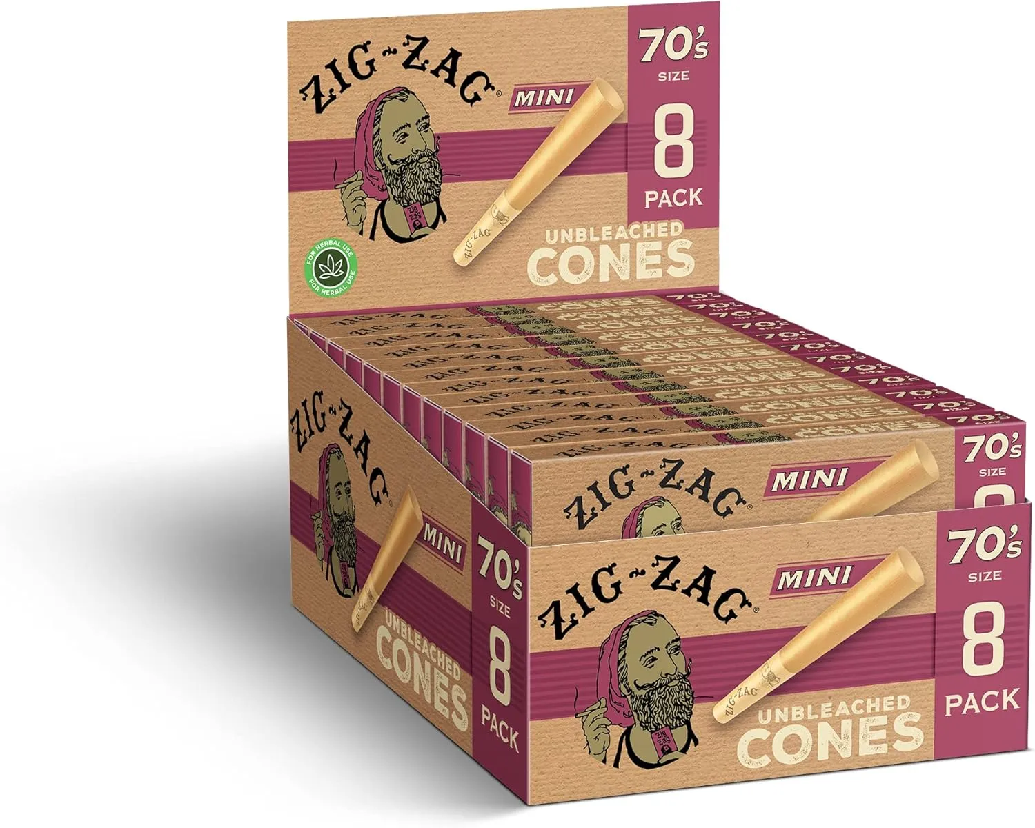 Zig-Zag 70’s Natural Unbleached Pre Rolled Cones - 70mm, 18 Pack (8 Cones per Pack) | Easy Fill, Slow Even Burn | Prerolled