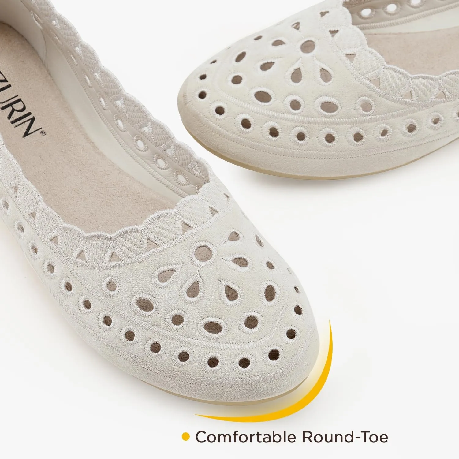ZURIN Women's Floral Ballet Flats Round Toe Flat Comfortable Dressy Black Beige Flat Dress Shoes Suede Microfiber Slip on Mesh Flats