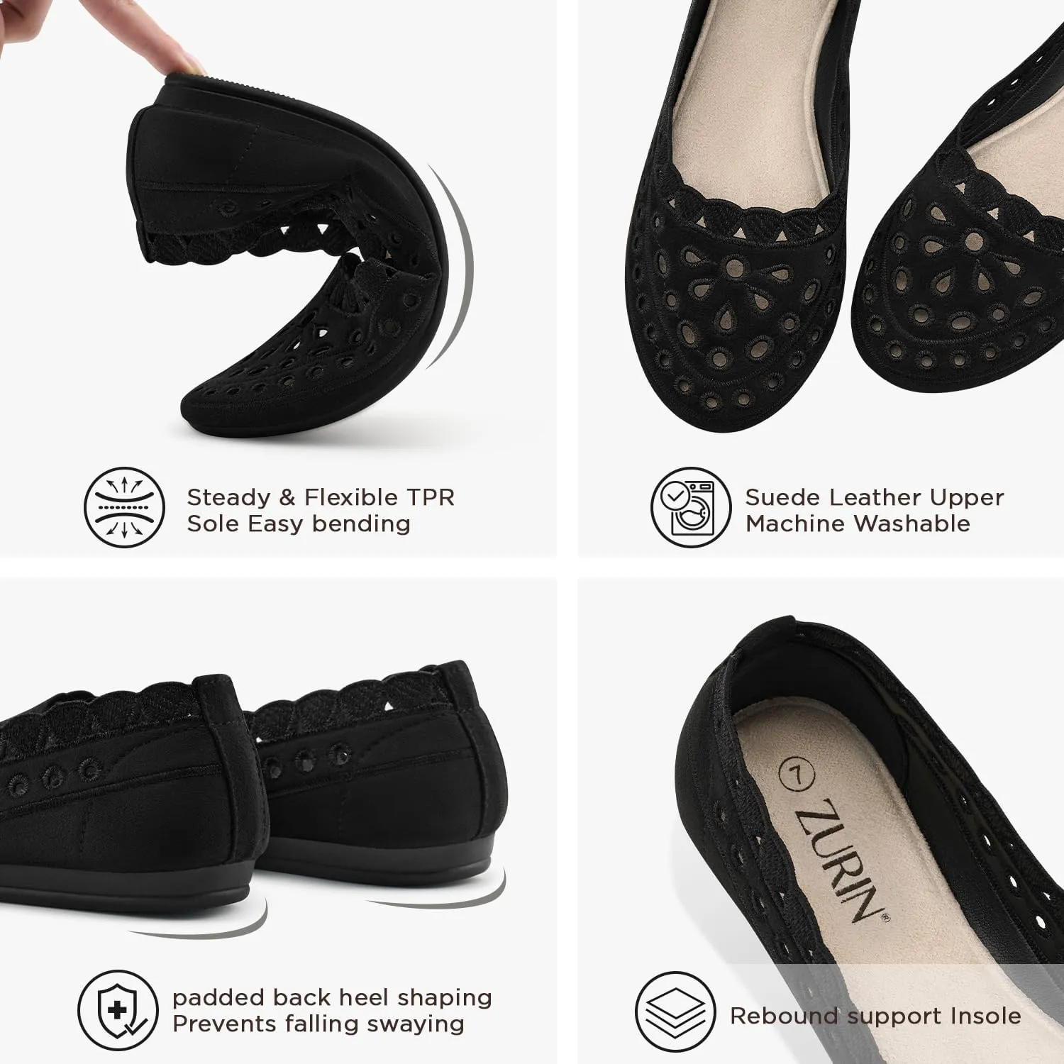 ZURIN Women's Floral Ballet Flats Round Toe Flat Comfortable Dressy Black Beige Flat Dress Shoes Suede Microfiber Slip on Mesh Flats