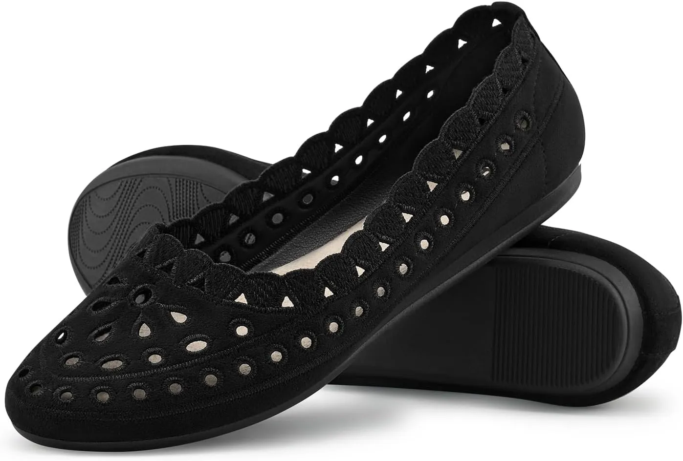 ZURIN Women's Floral Ballet Flats Round Toe Flat Comfortable Dressy Black Beige Flat Dress Shoes Suede Microfiber Slip on Mesh Flats