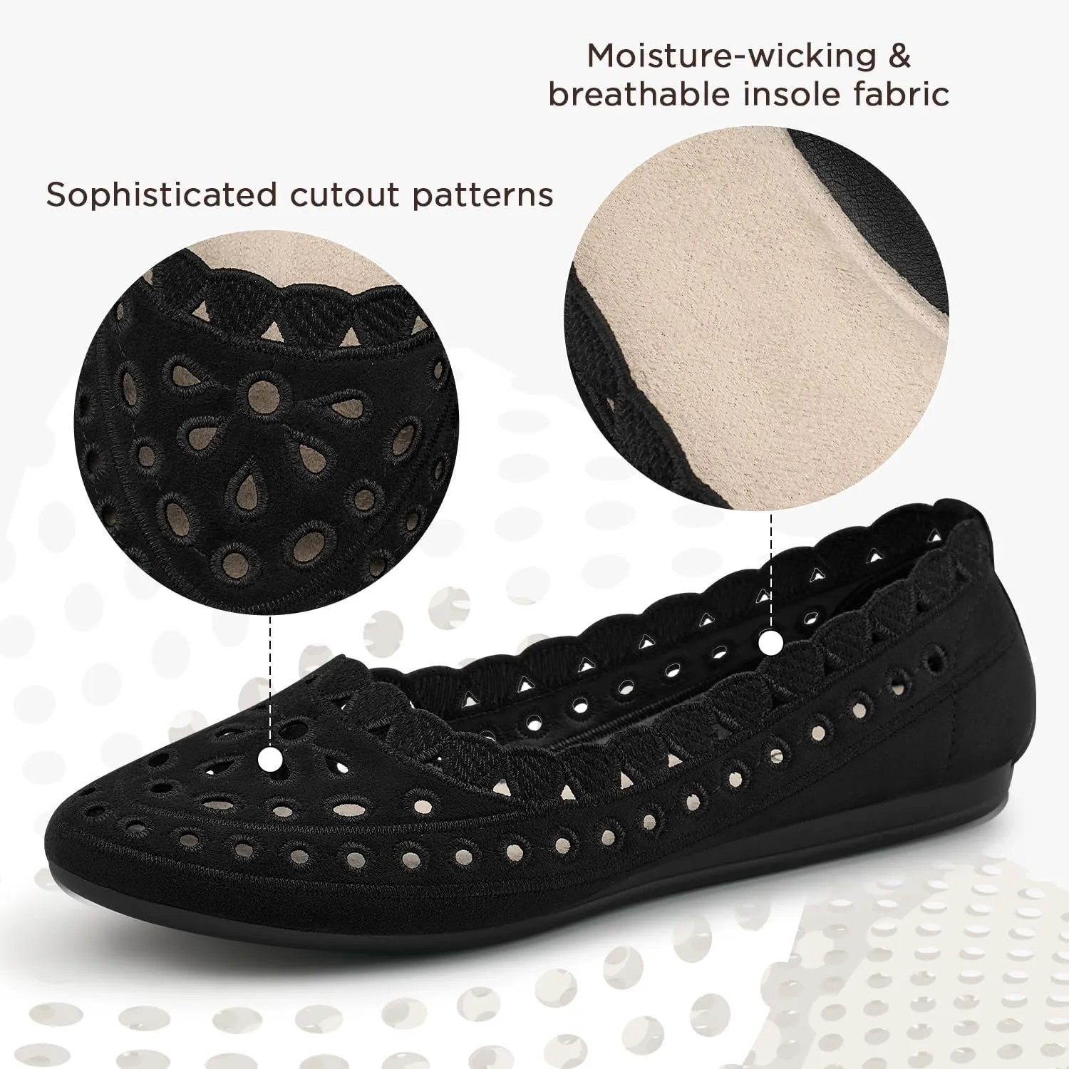 ZURIN Women's Floral Ballet Flats Round Toe Flat Comfortable Dressy Black Beige Flat Dress Shoes Suede Microfiber Slip on Mesh Flats