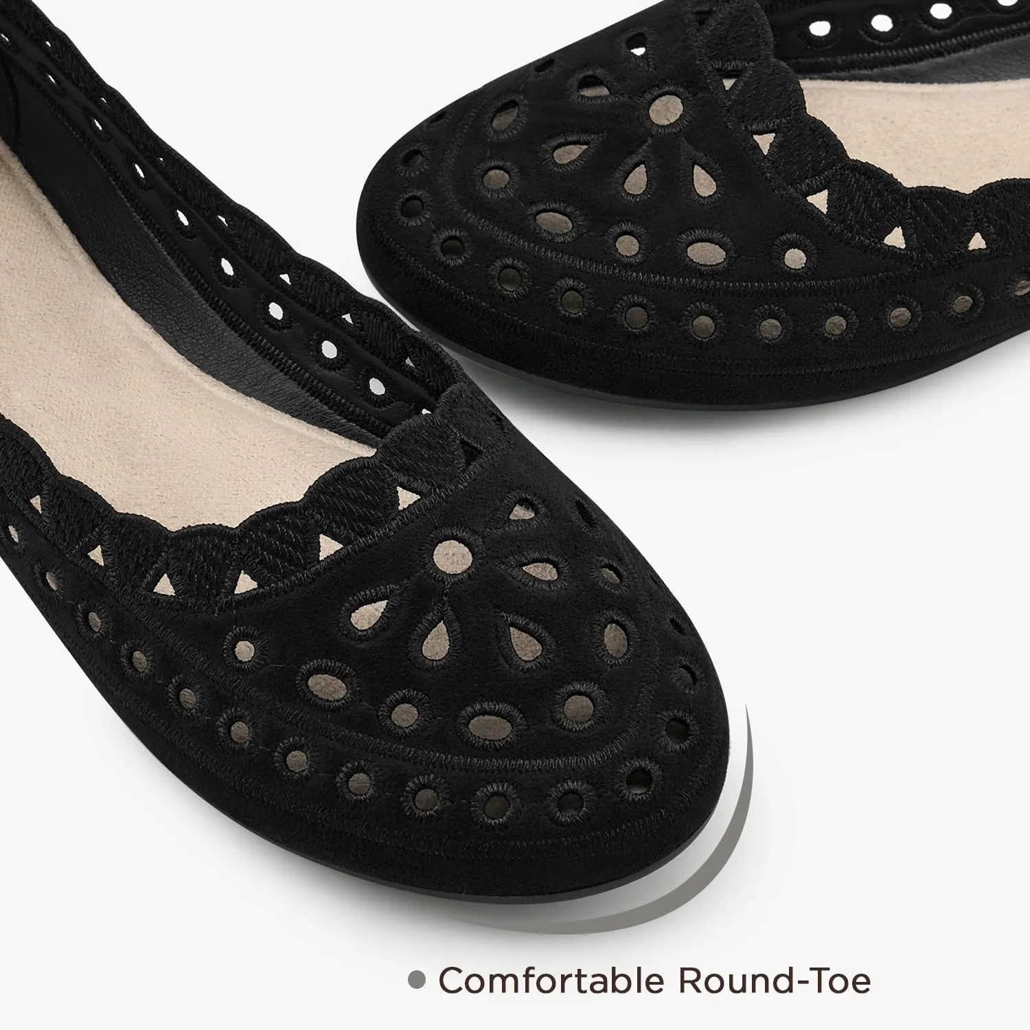 ZURIN Women's Floral Ballet Flats Round Toe Flat Comfortable Dressy Black Beige Flat Dress Shoes Suede Microfiber Slip on Mesh Flats