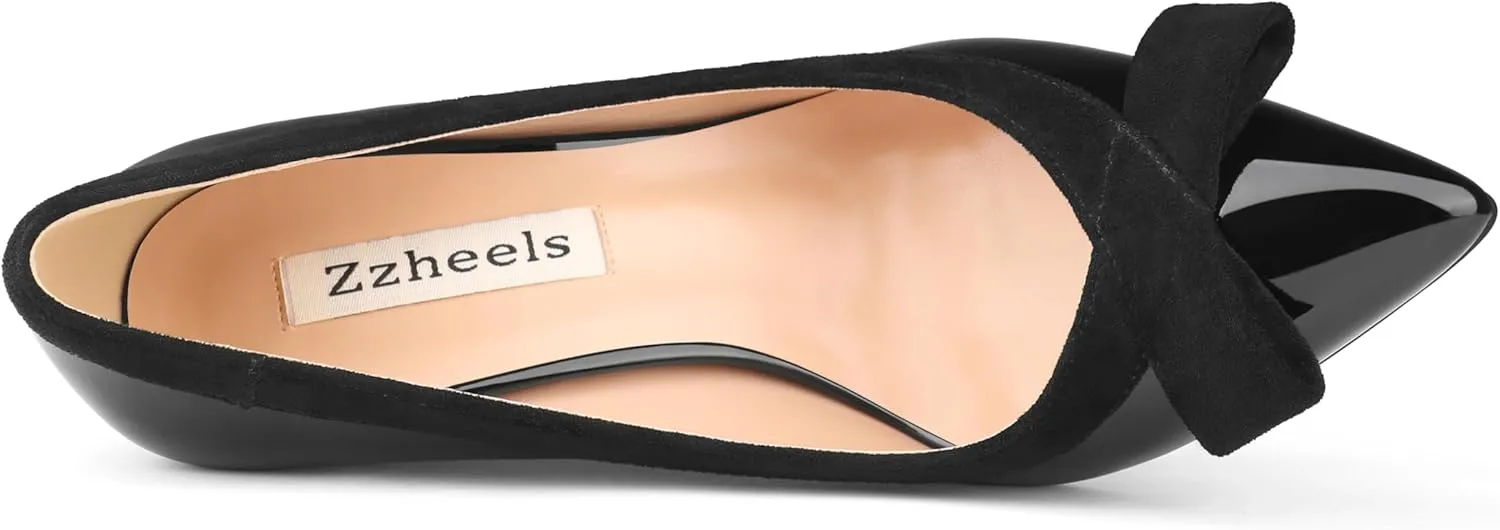 Zzheels Women's Bow High Heels Closed Pointy Toe Pumps 3.5'' Stiletto Heels Slip on Dress Shoes